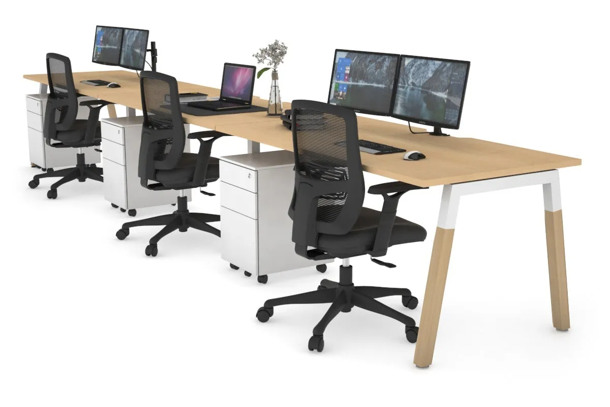 Quadro A Legs 3 Person Run Office Workstation - Wood Legs Cross Beam [1600L x 800W with Cable Scallop]