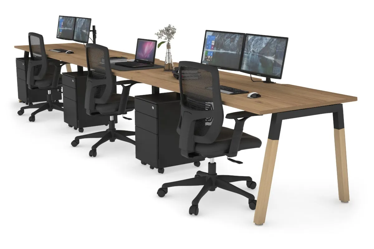 Quadro A Legs 3 Person Run Office Workstation - Wood Legs Cross Beam [1600L x 800W with Cable Scallop]