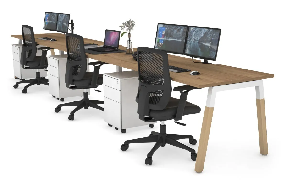 Quadro A Legs 3 Person Run Office Workstation - Wood Legs Cross Beam [1600L x 800W with Cable Scallop]