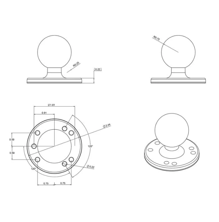 RAM® Round Plate with Ball - C Size – P/N: RAM-202U