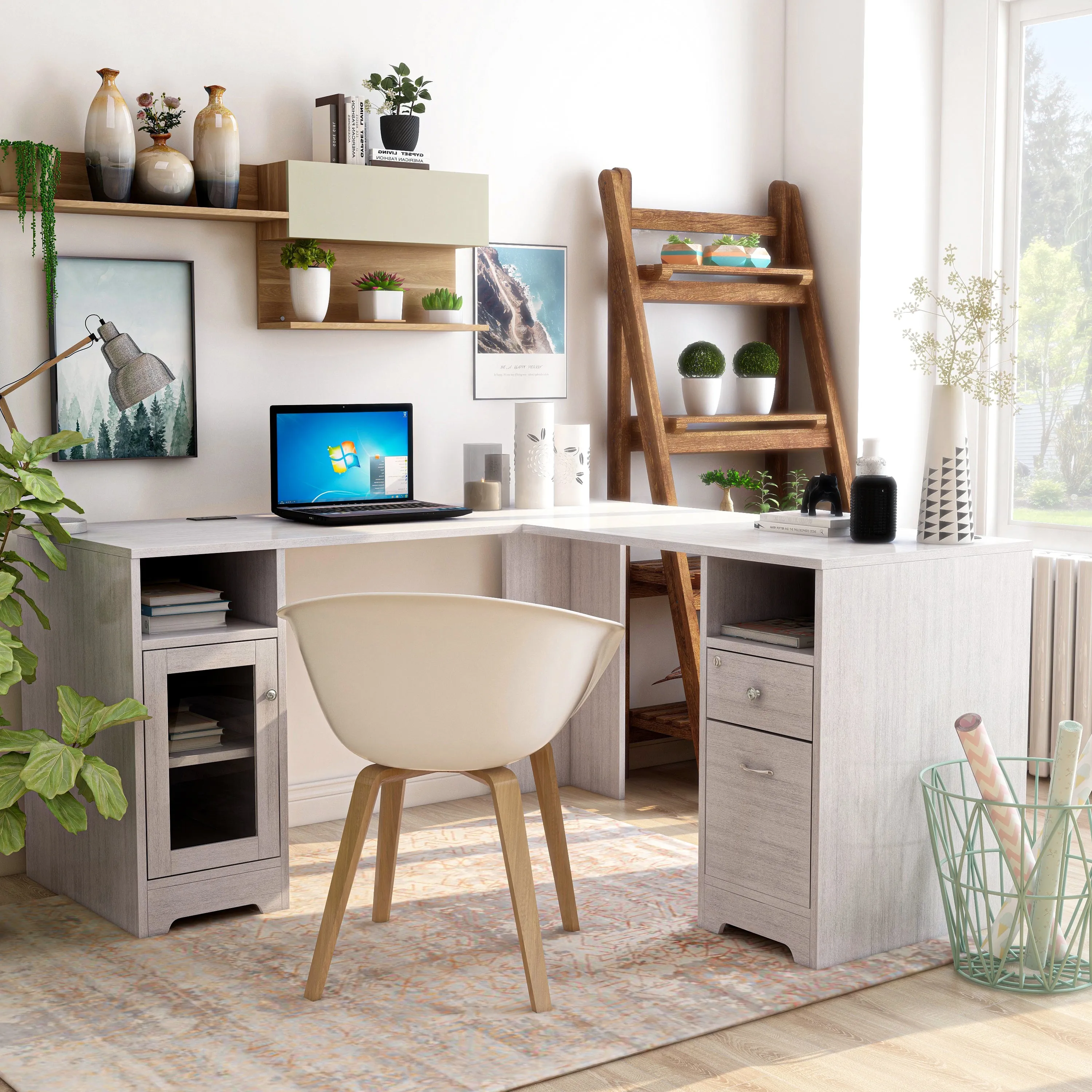 Swivler Transitional 59" L-Shaped Computer Desk with USB Ports
