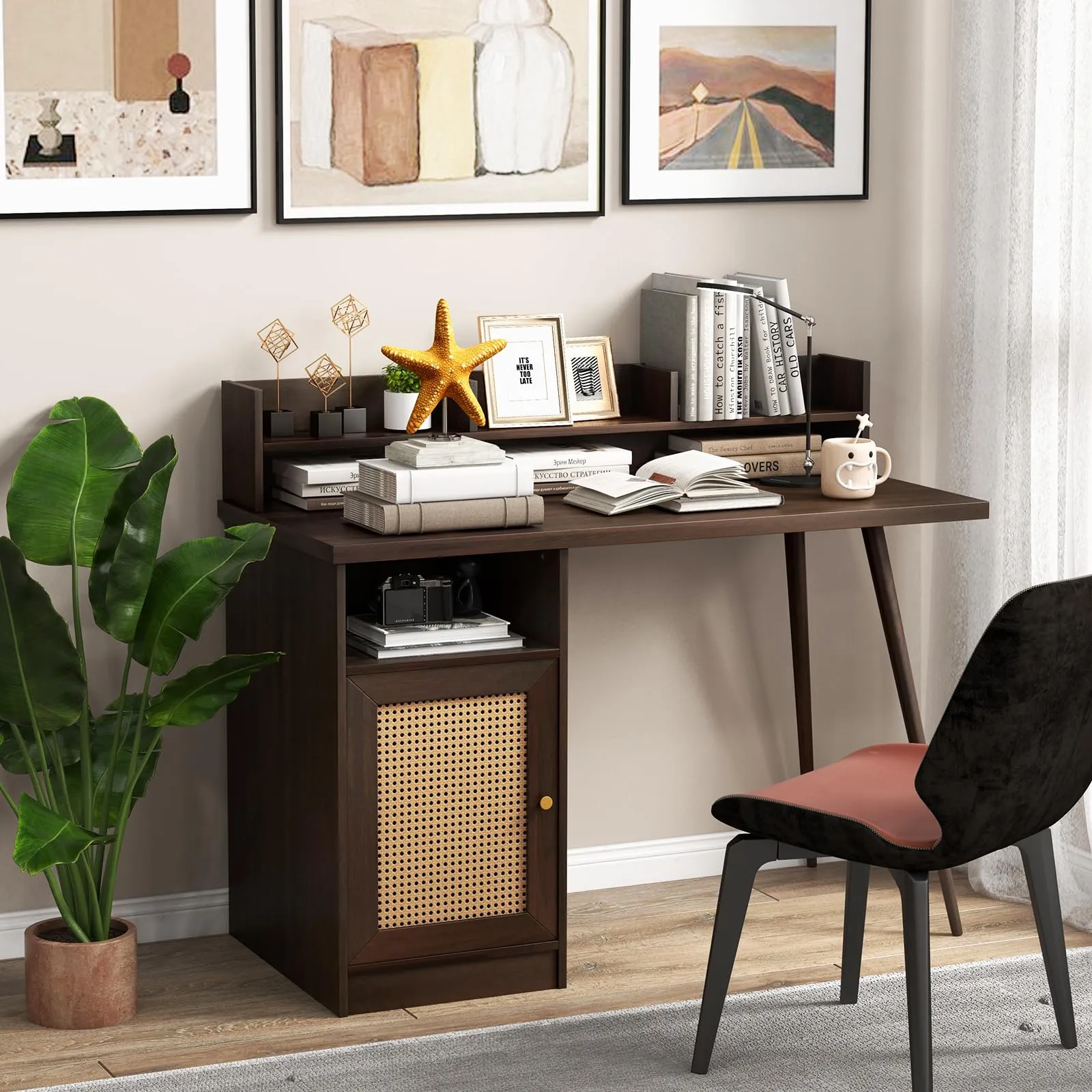 Tangkula Mid Century Desk with Hutch