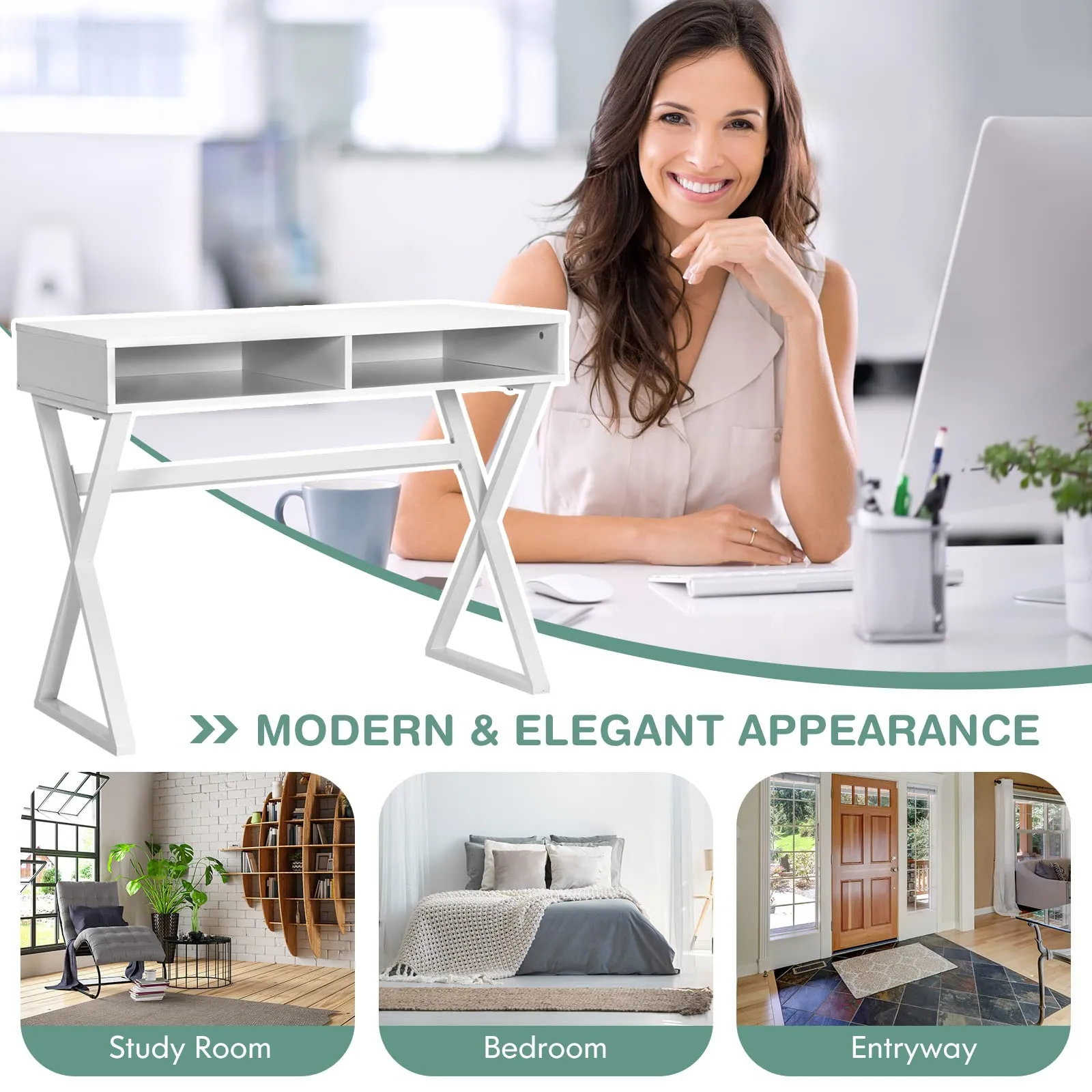 Tangkula Modern White Computer Desk with Storage Space