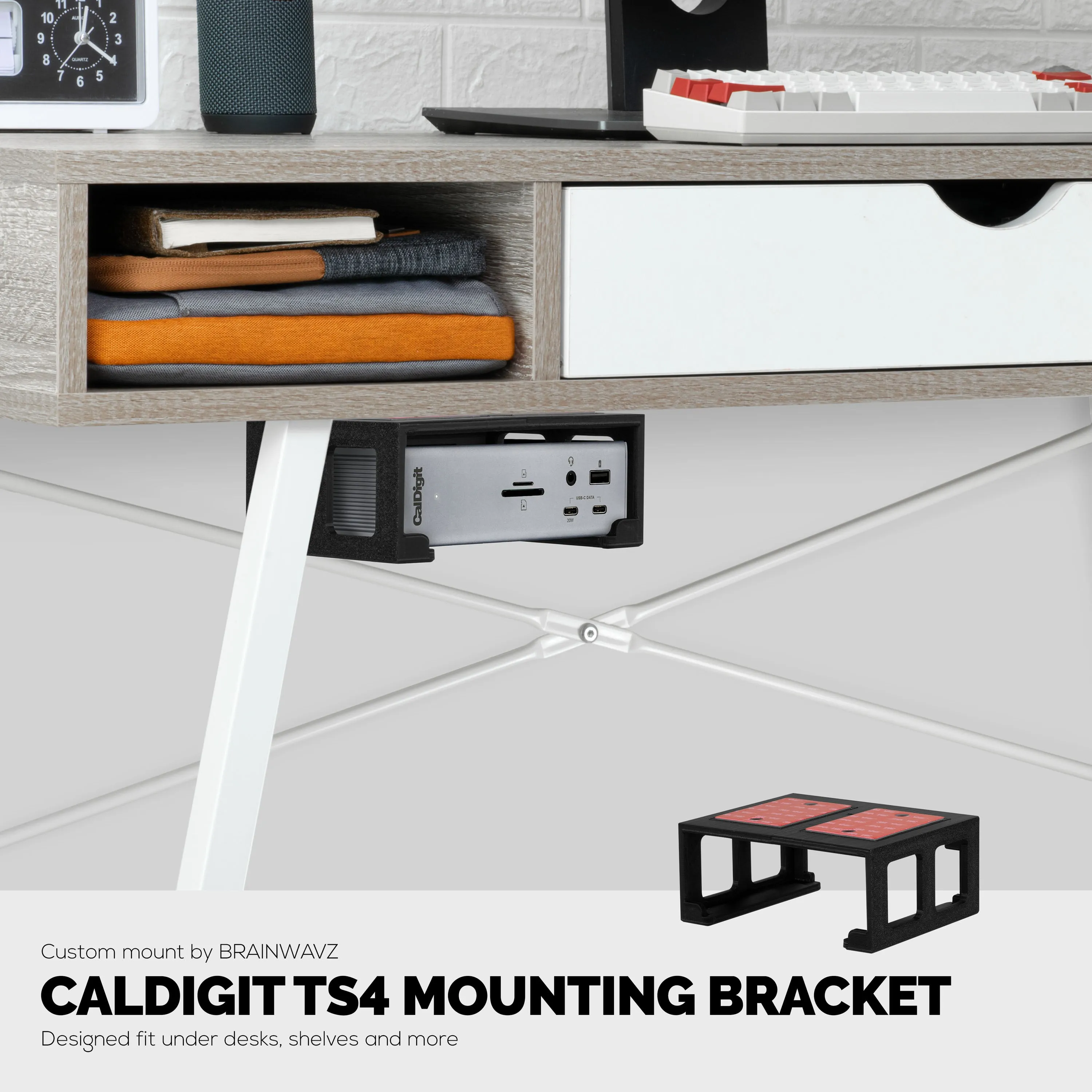 Under Desk Mounting Bracket Compatible with Caldigit TS4 Thunderbolt Station 4 - Space Saving Dock, Easy to Install, Adhesive & Screw-In, Reduce Clutter, Free Desktop Space