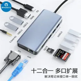 USB C Hub 12-in-1 Type-C Docking Station PD Fast Charge