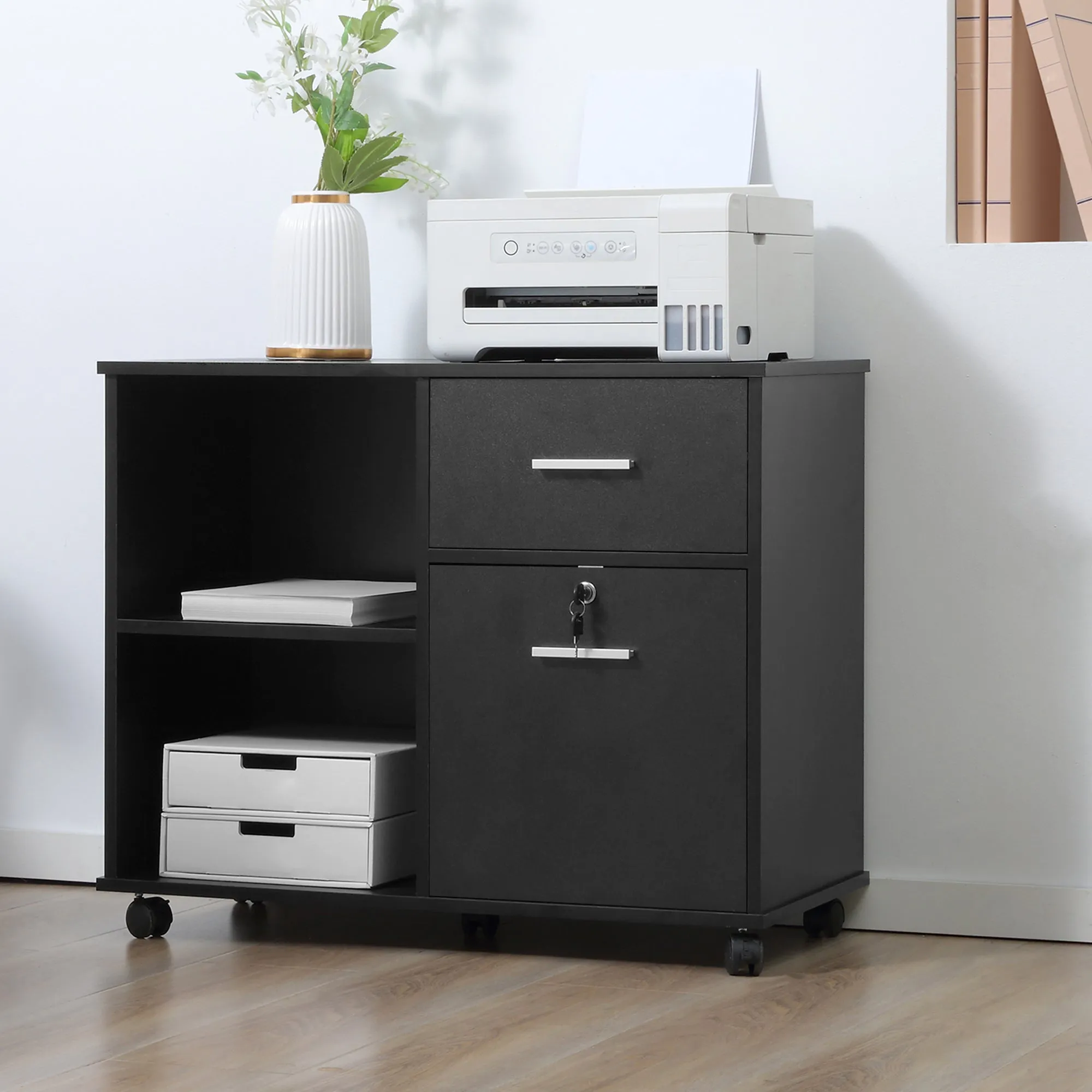Vinsetto Filing Cabinet Mobile Printer Stand W/ Drawer for A4 Size Files, Black