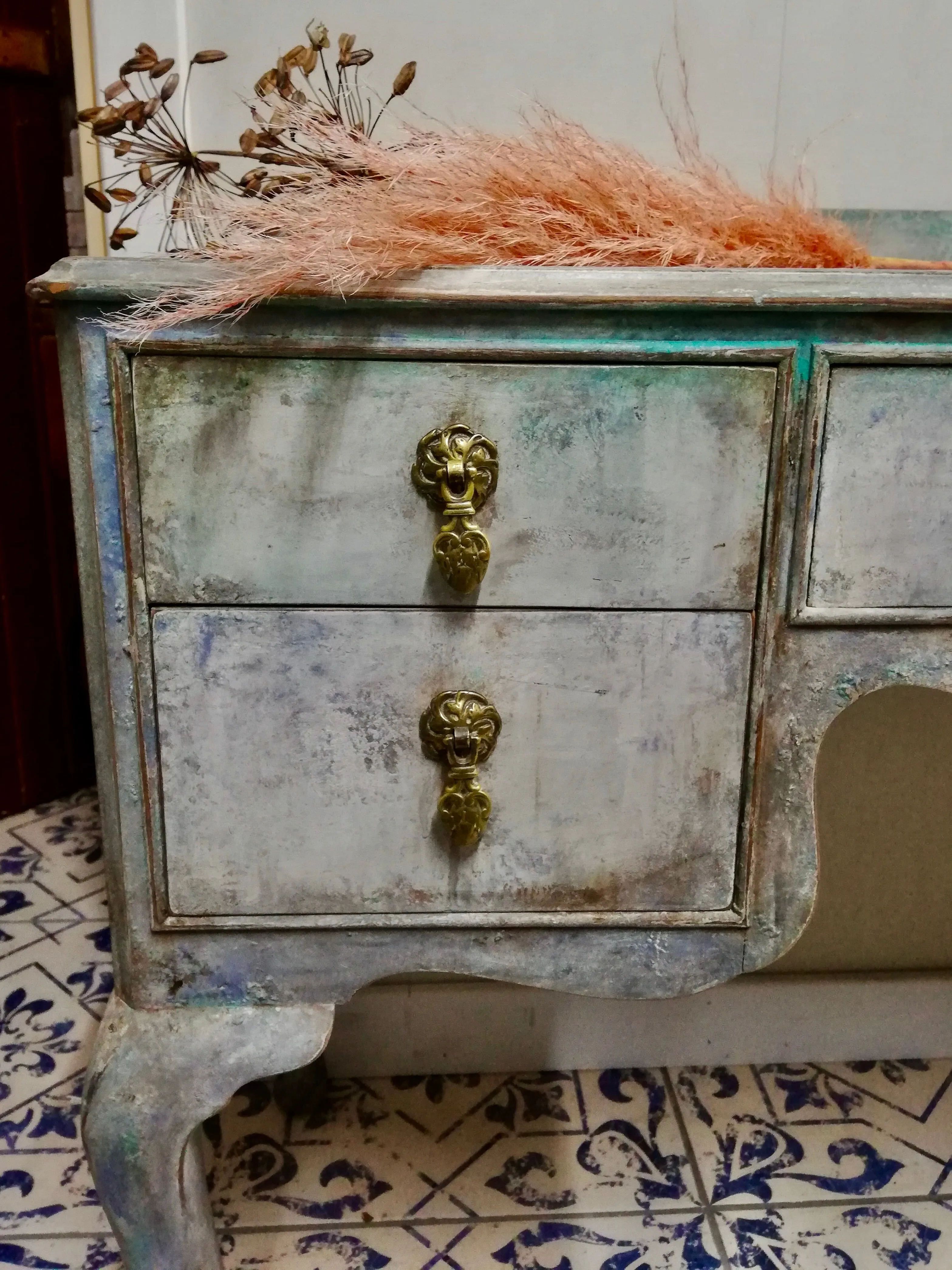 Vintage dressing table / desk painted in layers of beautiful Patina in grey, taupe and Florence By Annie Sloan