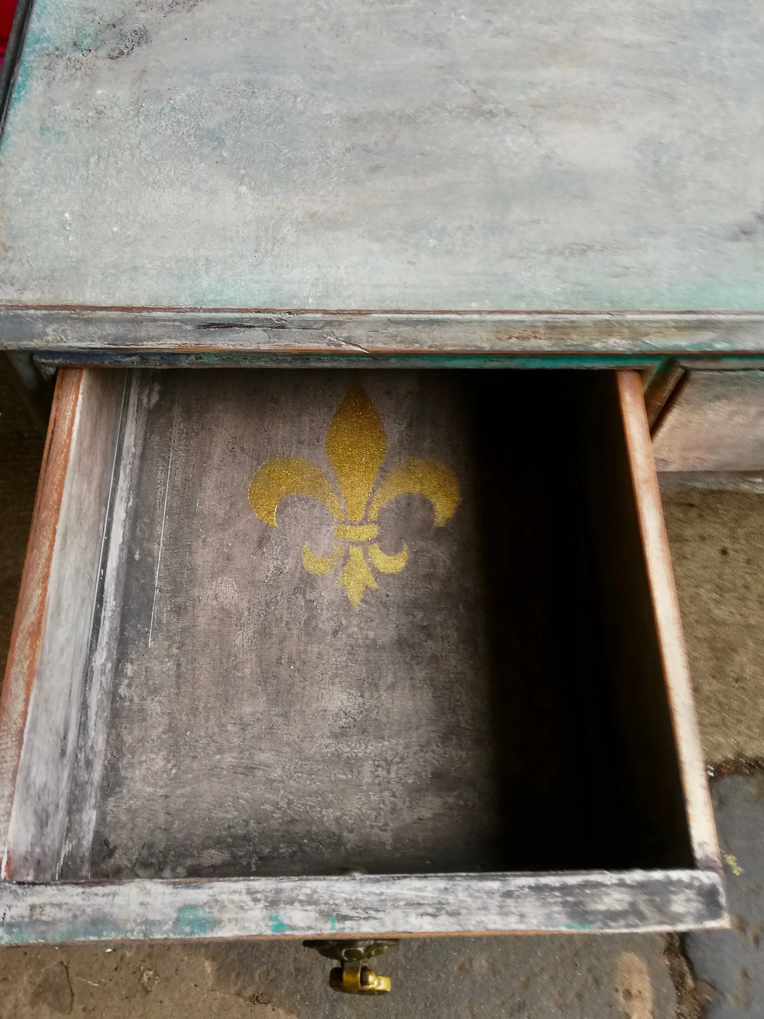 Vintage dressing table / desk painted in layers of beautiful Patina in grey, taupe and Florence By Annie Sloan