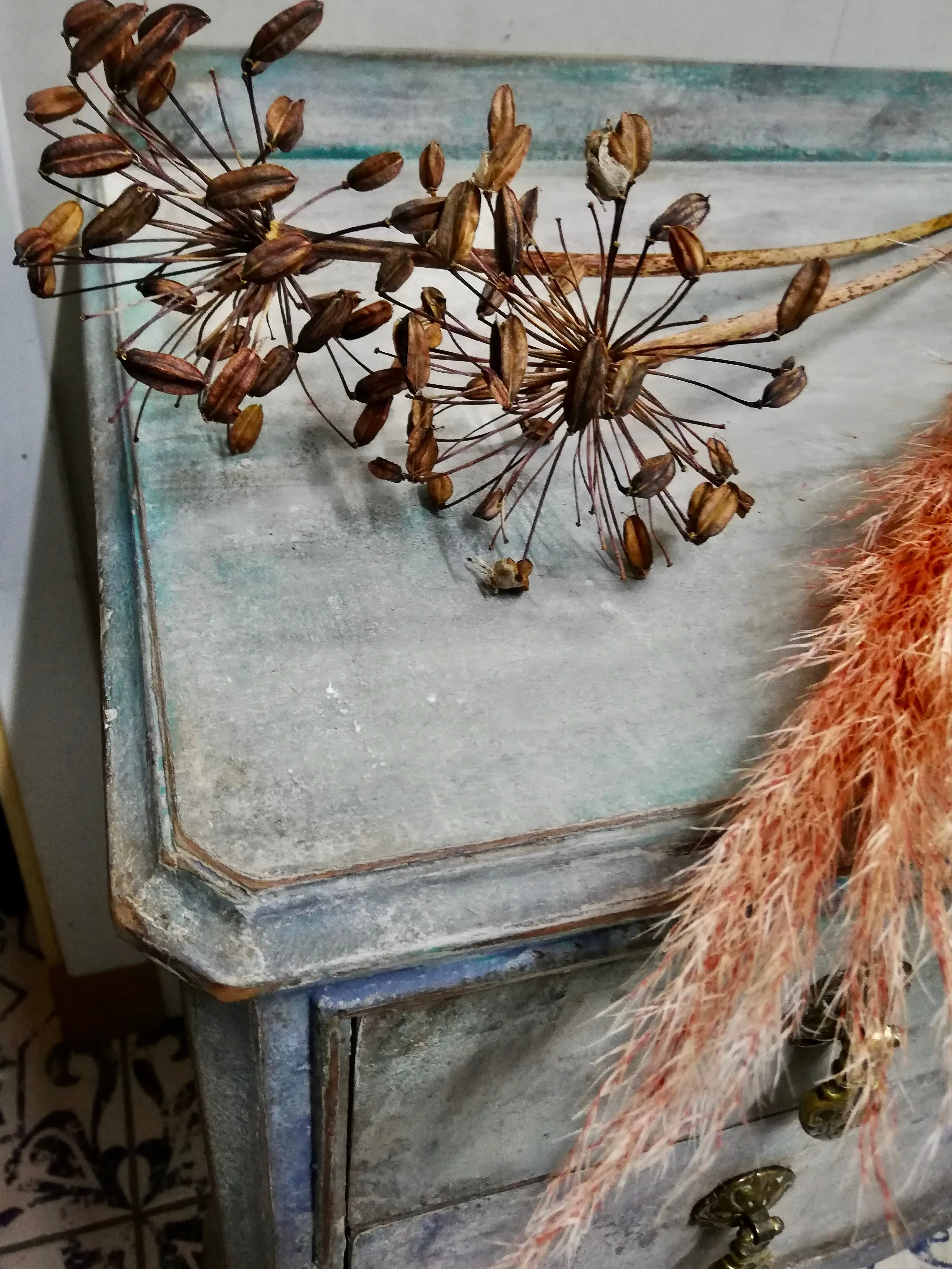 Vintage dressing table / desk painted in layers of beautiful Patina in grey, taupe and Florence By Annie Sloan