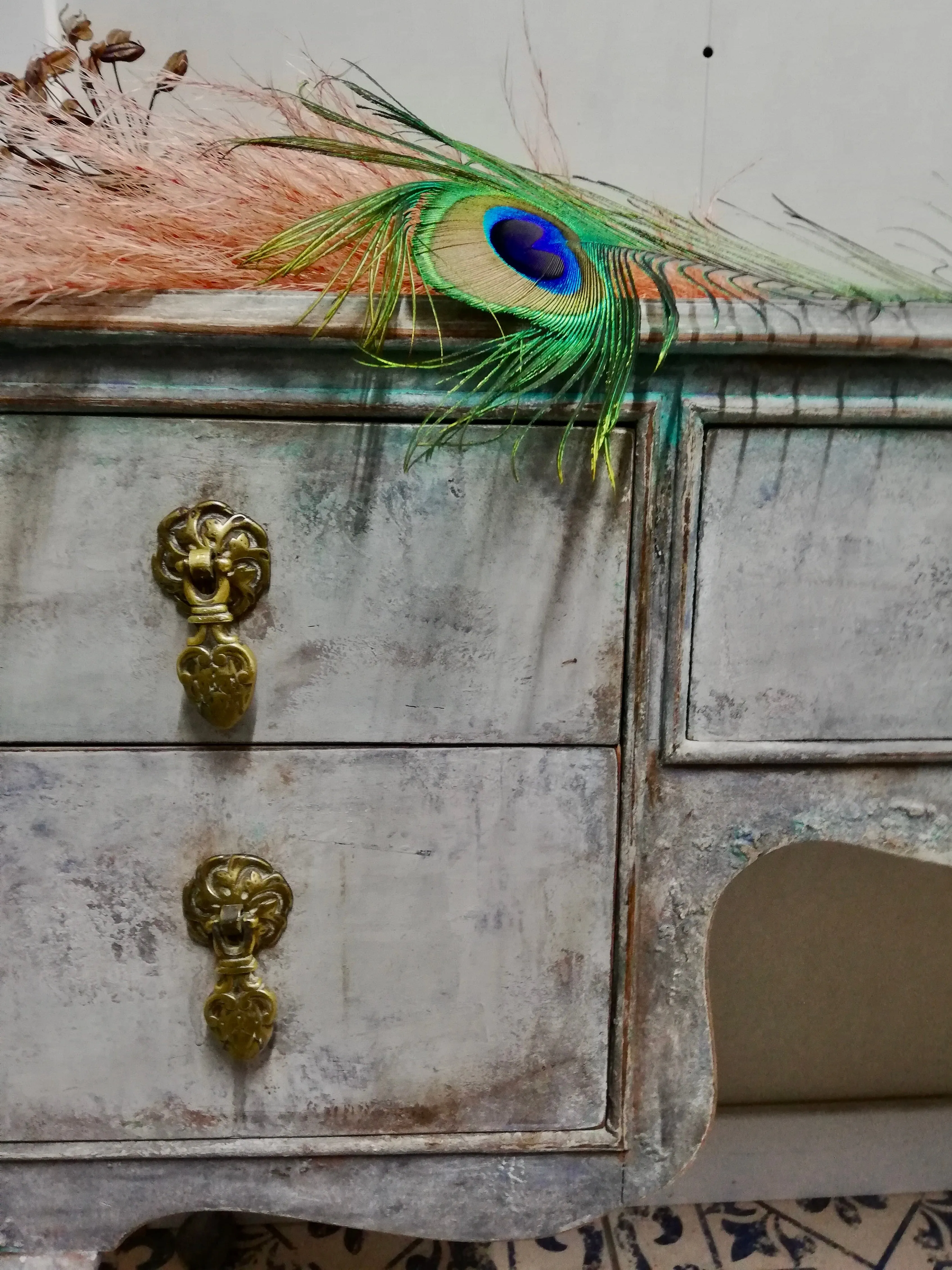 Vintage dressing table / desk painted in layers of beautiful Patina in grey, taupe and Florence By Annie Sloan