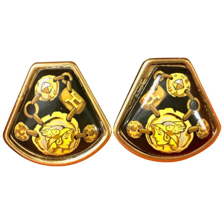 Vintage Hermes cloisonne golden earrings with black and yellow chain, stud, H logo, mademoiselle design. Fan shape enamel classic jewelry.